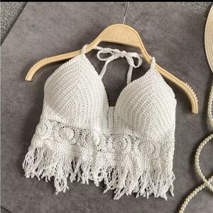 White Crochet Fringe Tank Top